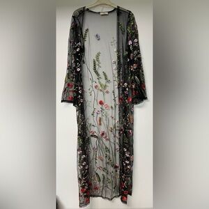 Black Sheer Kimono with Floral Embroidery